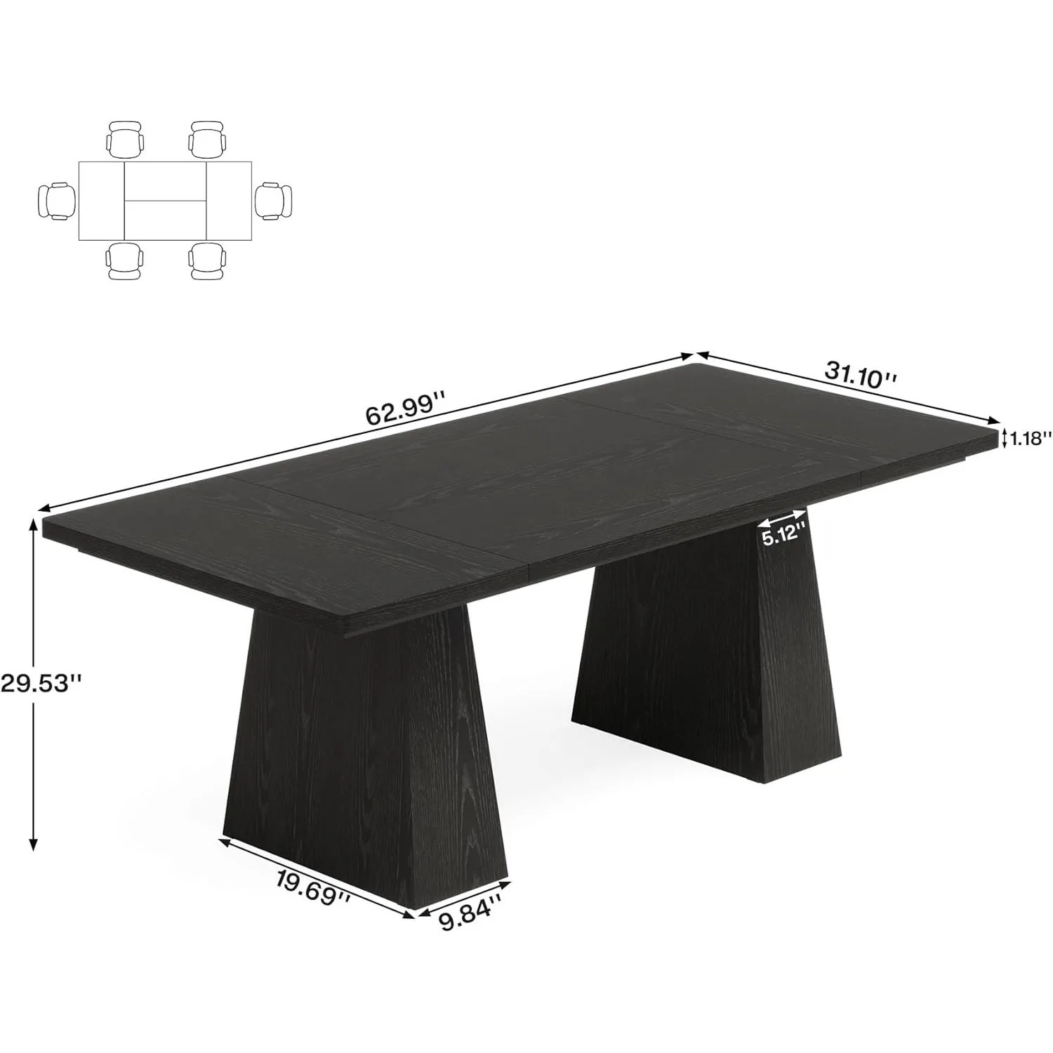 Black Dining Table For 4-6 Modern Kitchen Table Wood Legs Living Room 47 Inch
