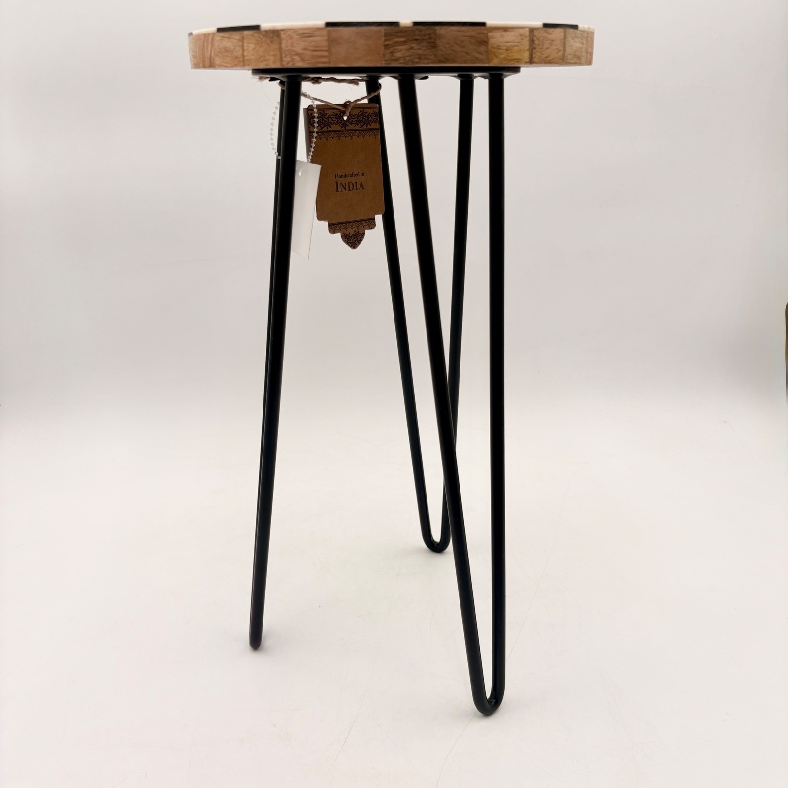 Handcrafted Checkered Bone Inlay Plant Stand Metal Hairpin Legs Courtly Check