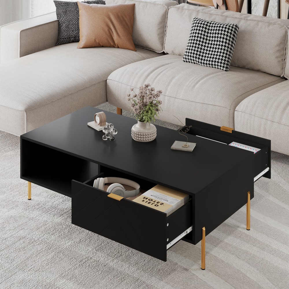Mid-Century Modern Coffee Table w/ 2 Drawers Black MDF+Metal 47.24″