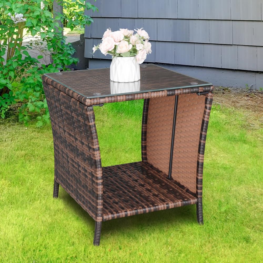 All-weather Square Wicker Rattan Side Tea Table Patio Furniture with Glass Top