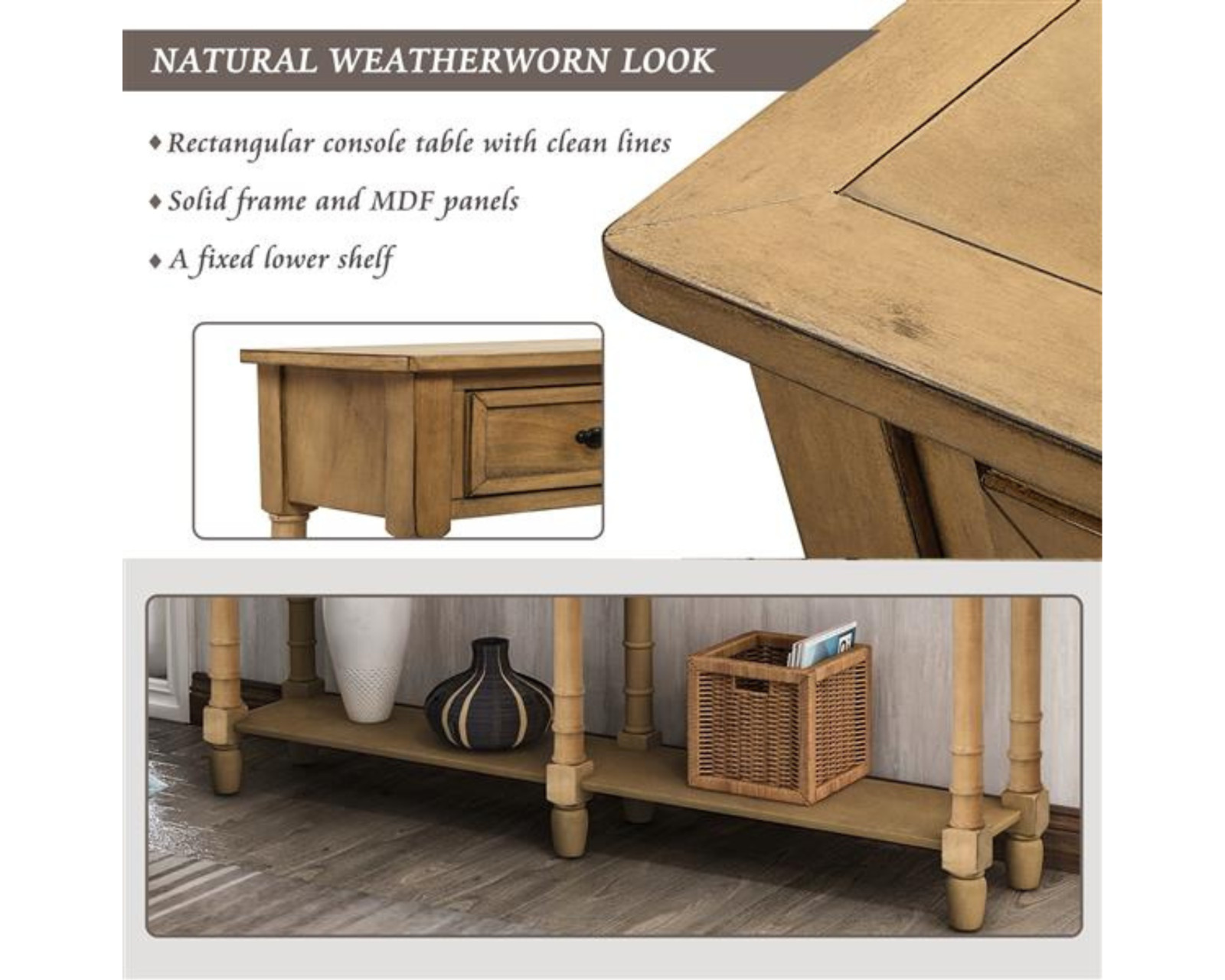 Console Table with Storage Drawers & Shelf for Entryway or Living Room, Old Pine