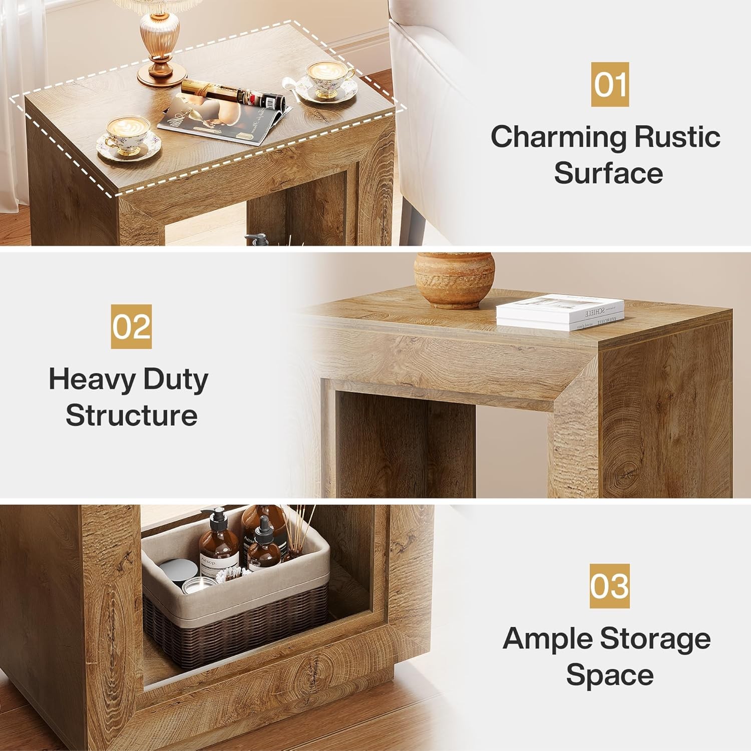 Rustic Wood End Table, 2-Tier Square Side Table with Storage for Living Room