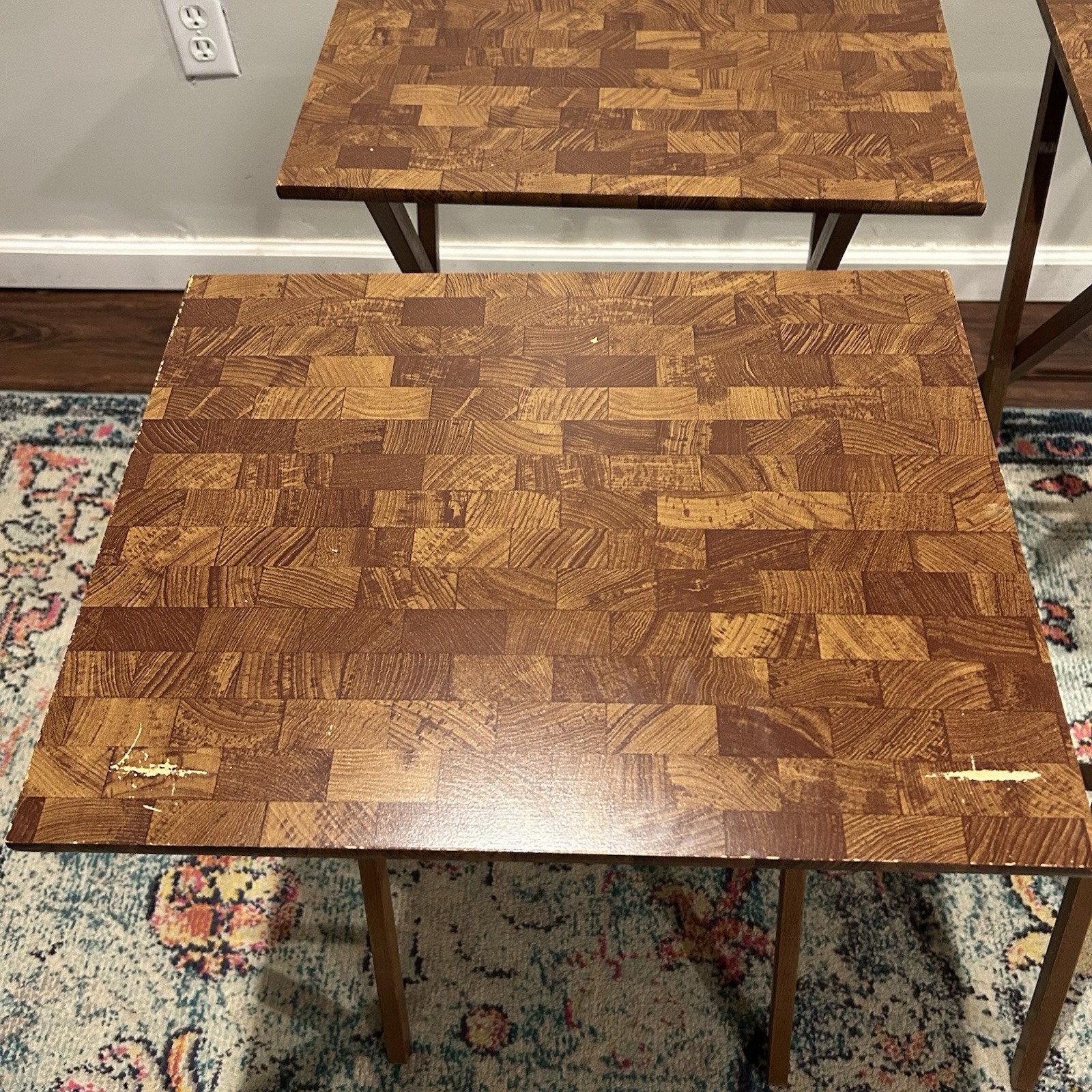 Vintage Faux Butcher Block TV Tray Set of 4 Retro Laminate Folding TV Tables