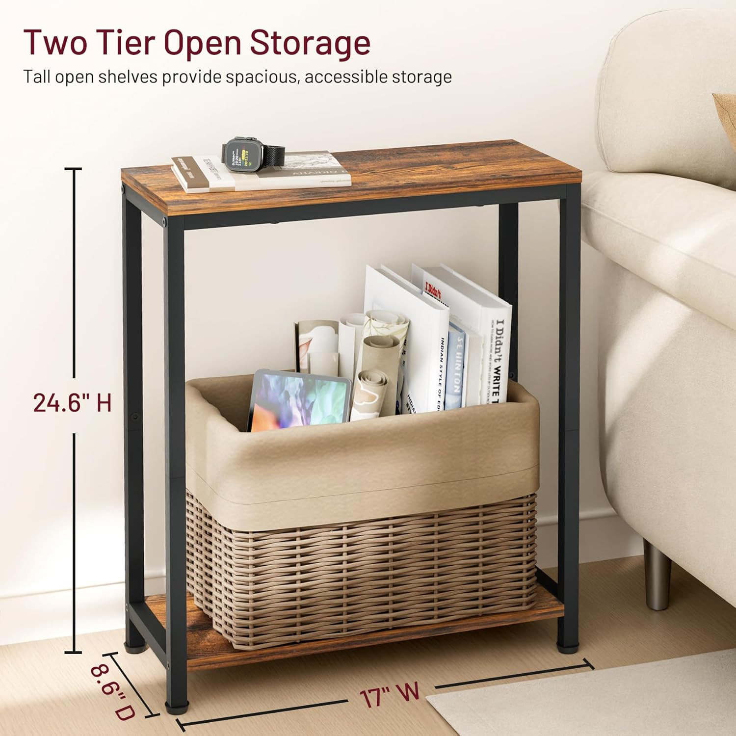 Narrow Small Side Table for Small Space, 2 Tier Sofa Skinny End T