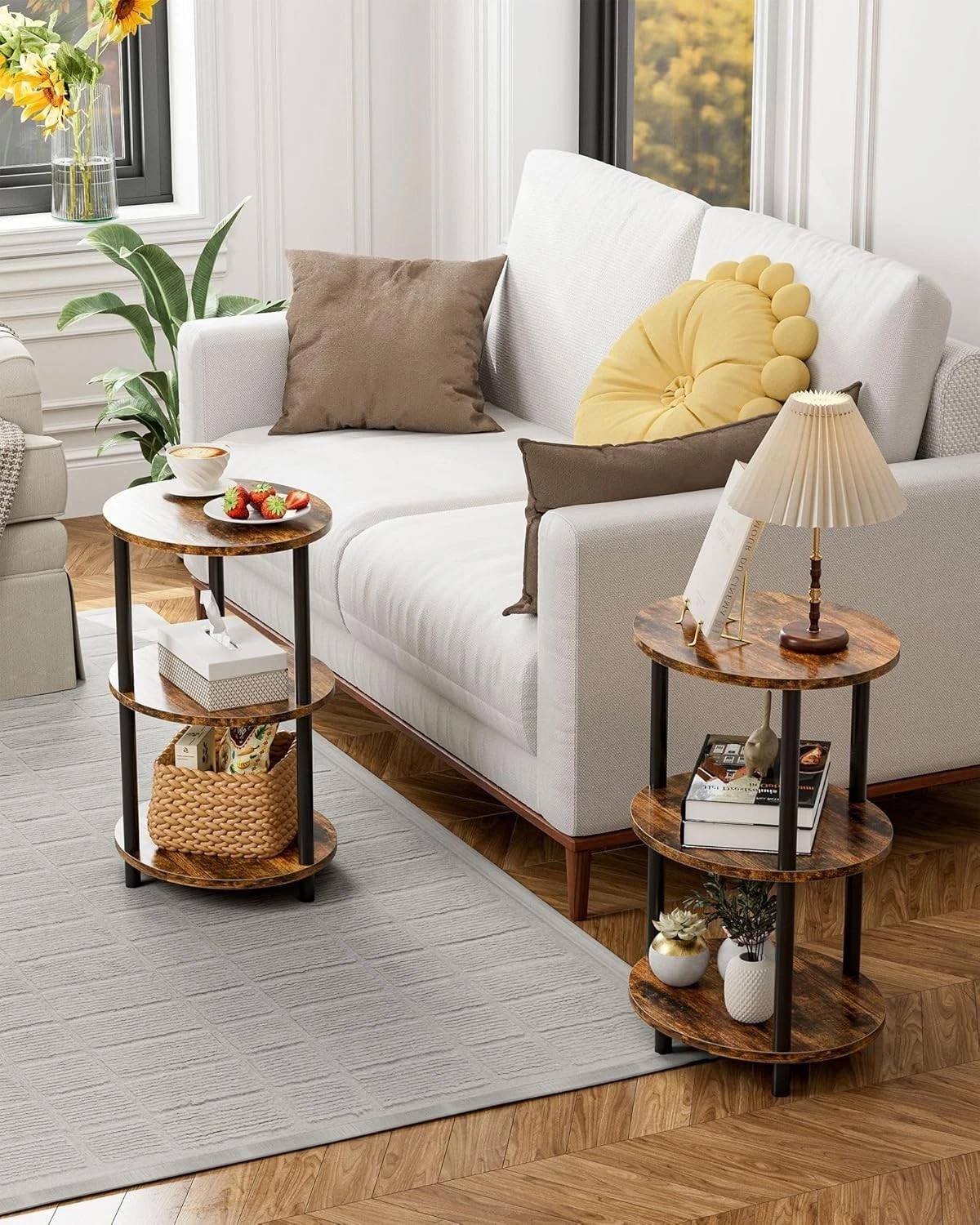 Versatile 3-Tier Round End Table – Rustic Wood Finish & Metal Frame for Any Room
