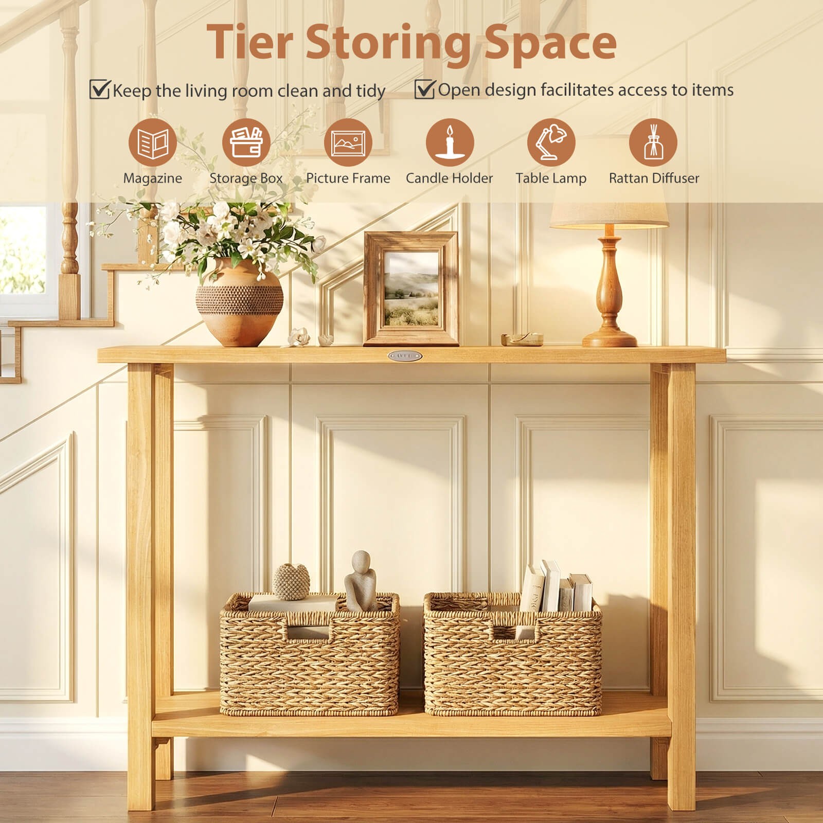 47″Solid Wood Console Table,2-Tier Narrow Farmhouse Sofa Table w/Teak Wood Frame