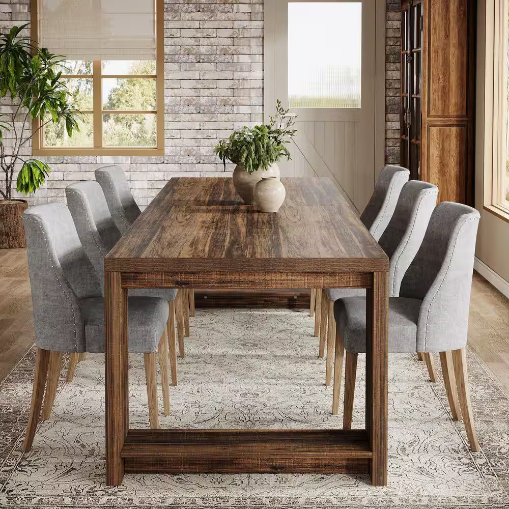 Rustic Brown Rectangular Wood 86. 61 In. 4 Legs Dining Table Seats 6-8 Farmhouse