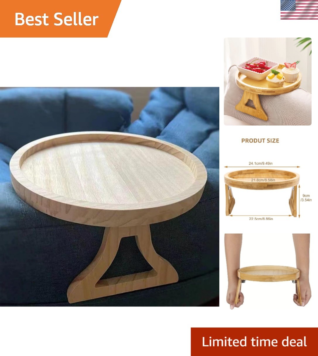 Natural Bamboo Clip-On Sofa Arm Tray – Space-Saving Design for Drinks & Snacks