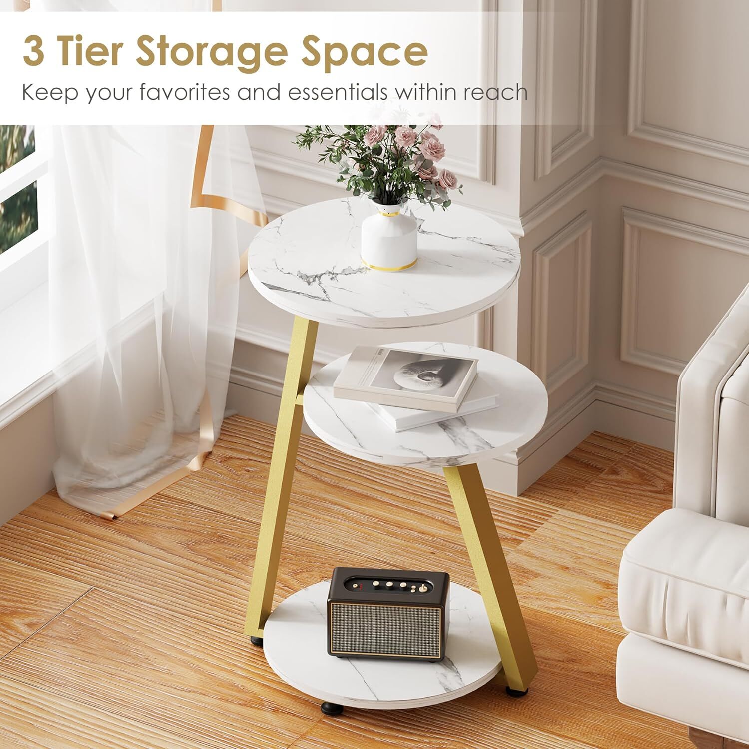 Living Room Bedroom Nightstand Gold White Tall Stand