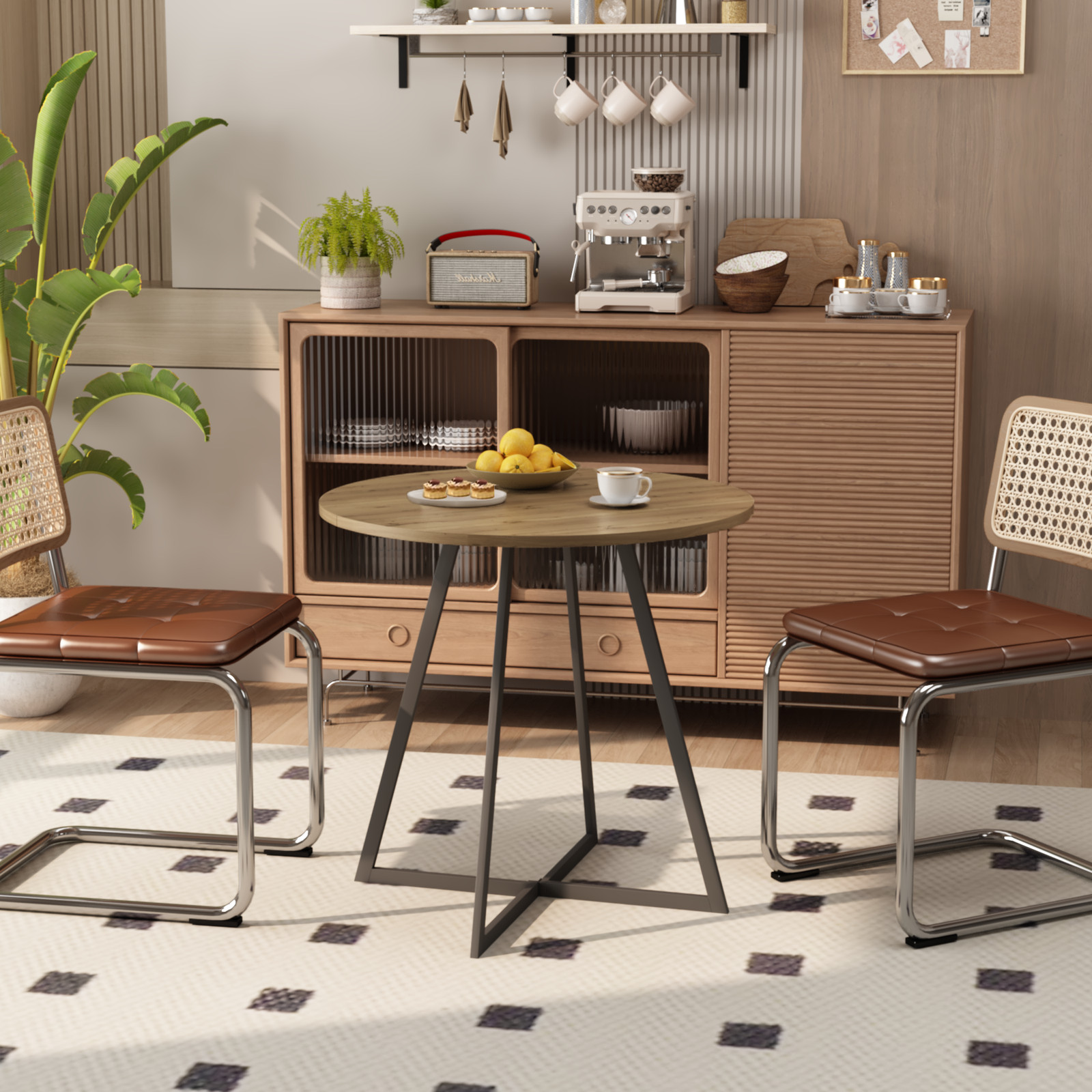 31.5 Inch Round Dining Table Brown MDF Top Black Metal Legs