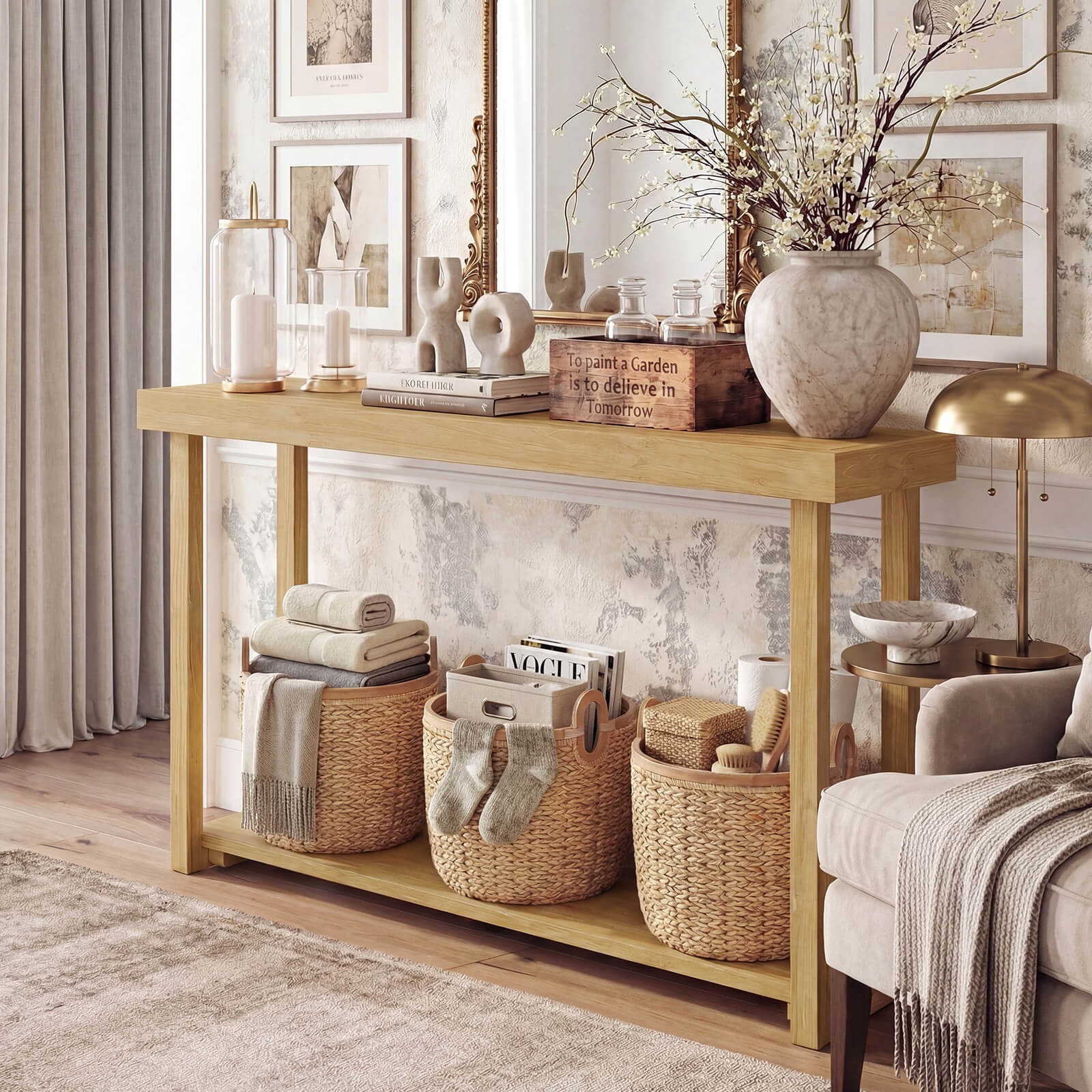 46”Solid Wood Console Table,2-Tier Narrow Farmhouse Sofa Table w/Teak Wood Frame