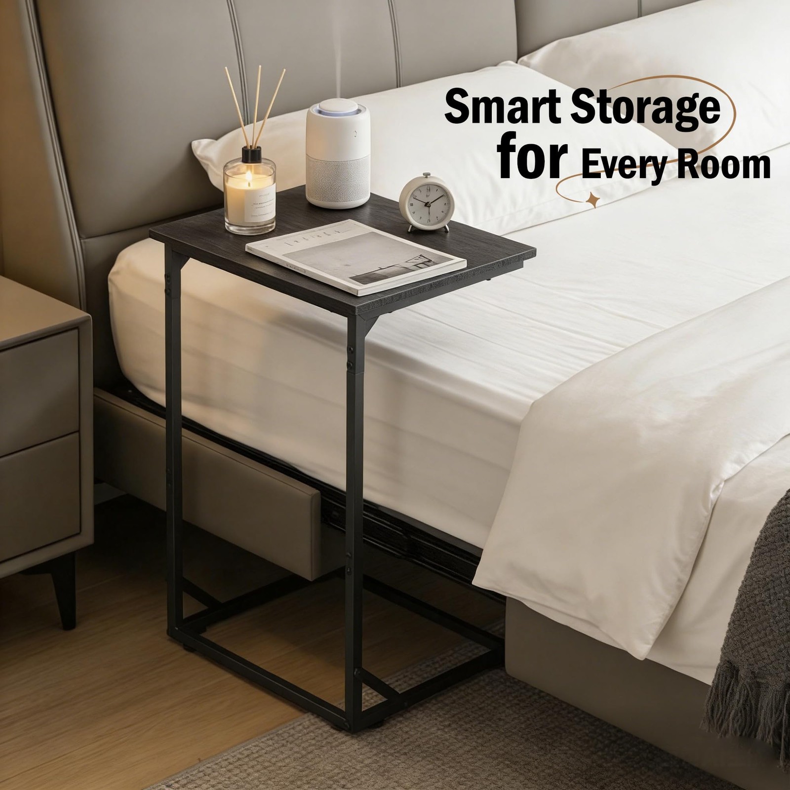 Shaped End Table for Couch, Small Side Table for Living Room & Bedroom, Slide…