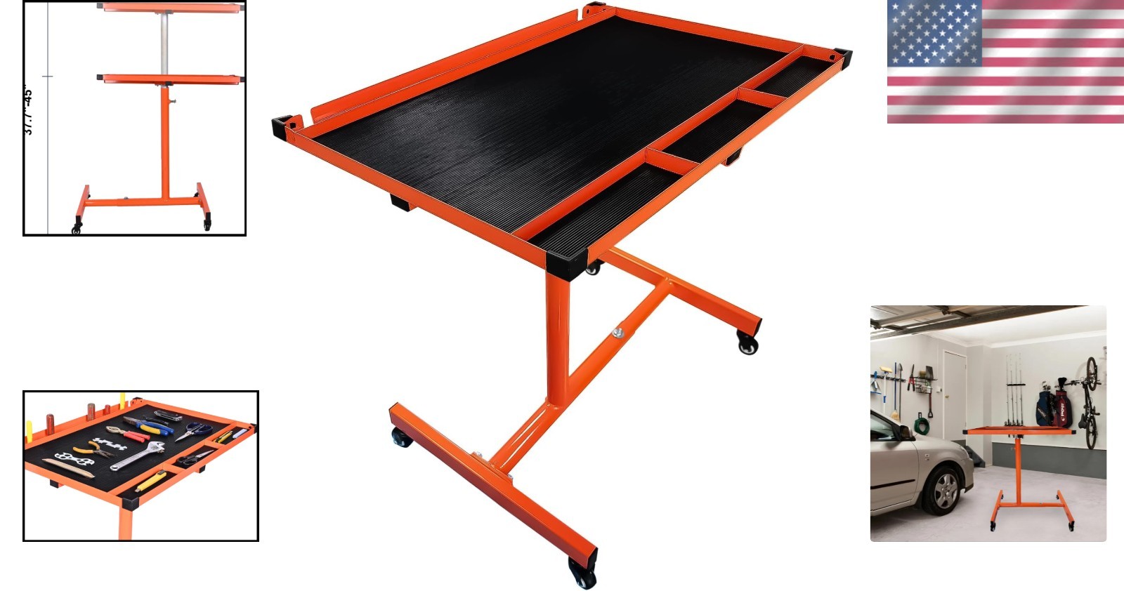 Adjustable Rolling Tool Tray Table – Heavy Duty 220lb Capacity, Orange, Mobile