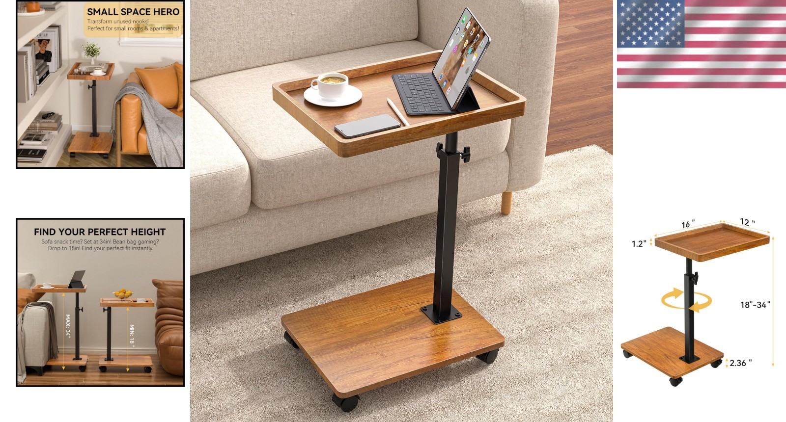 Adjustable Height Swivel C Side Table with Wheels for Sofa Bed Living Room