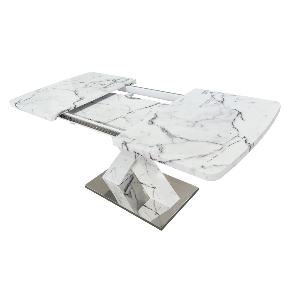 Modern Extending Rectangle Dining Table, Printed White Marble Top, MDF X-Legs