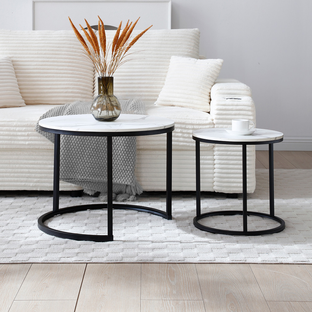 Set 2 Coffee Table Nesting White and Gray Top Black Frame Circular Round