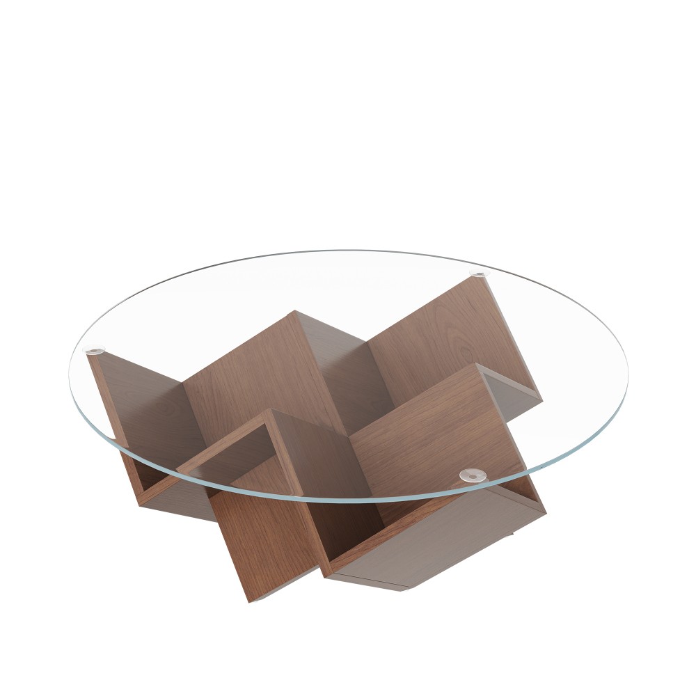Round Coffee Table with Glass Top, Art Deco Base & Storage Shelves, Walnut