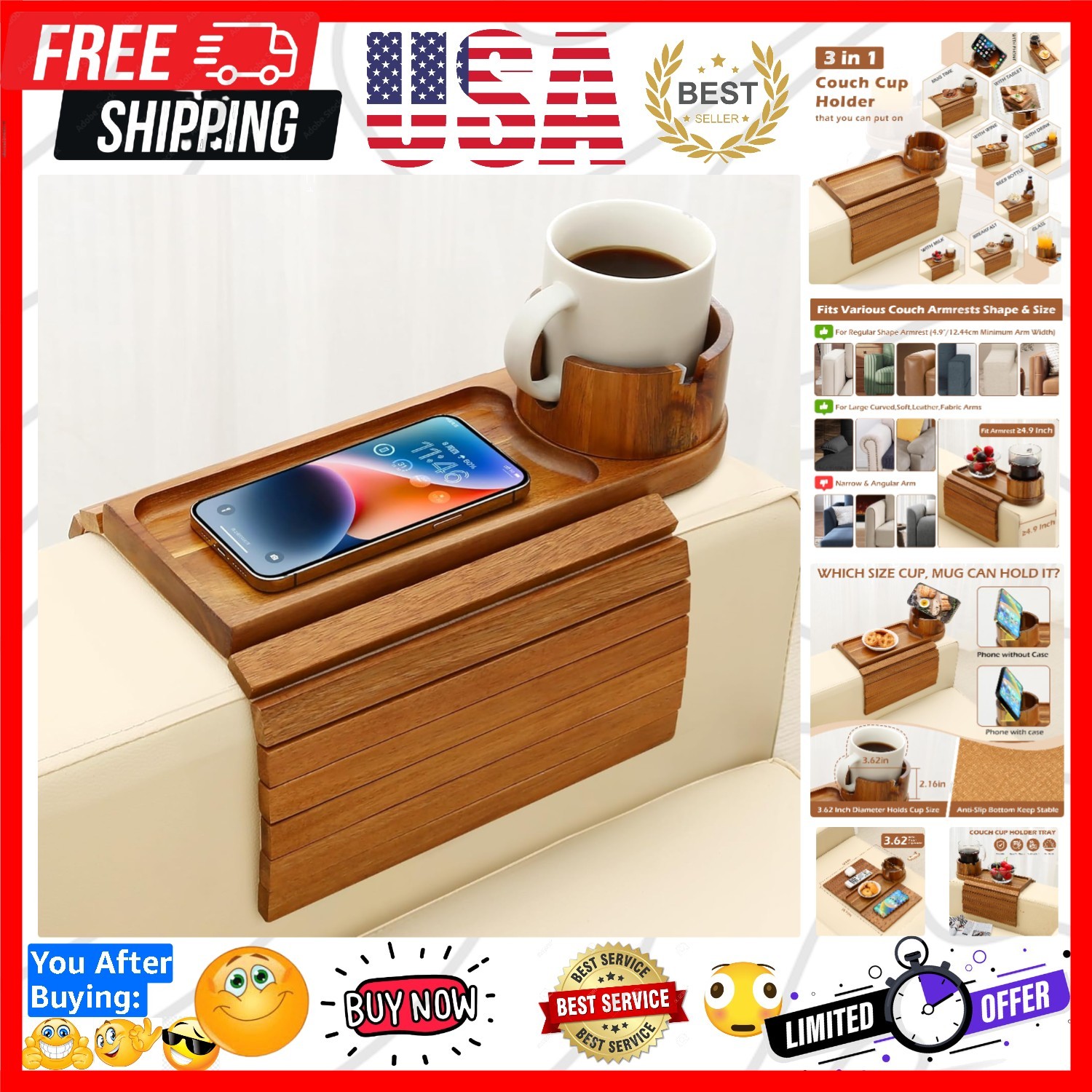 Couch Cup Holder Tray, 15.75″ Acacia Wood Couch Armrest Table, 3 in 1 Foldabl…