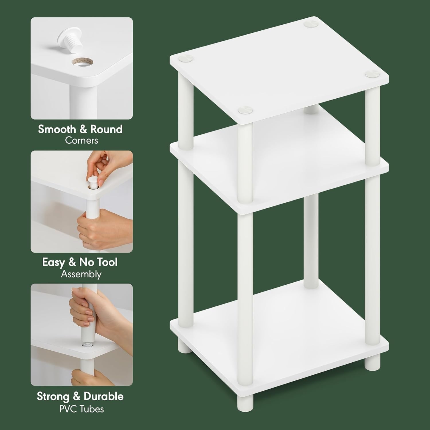 Elegant White 3-Tier Side Table – Toolless Assembly Nightstand for Any Room