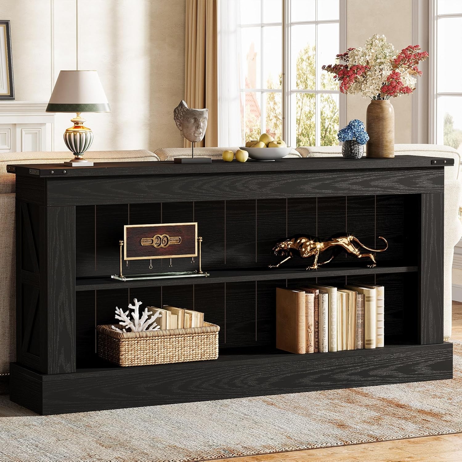 63-Inch Long Console Table for Entryway, Narrow Long Entry Table with Shelves
