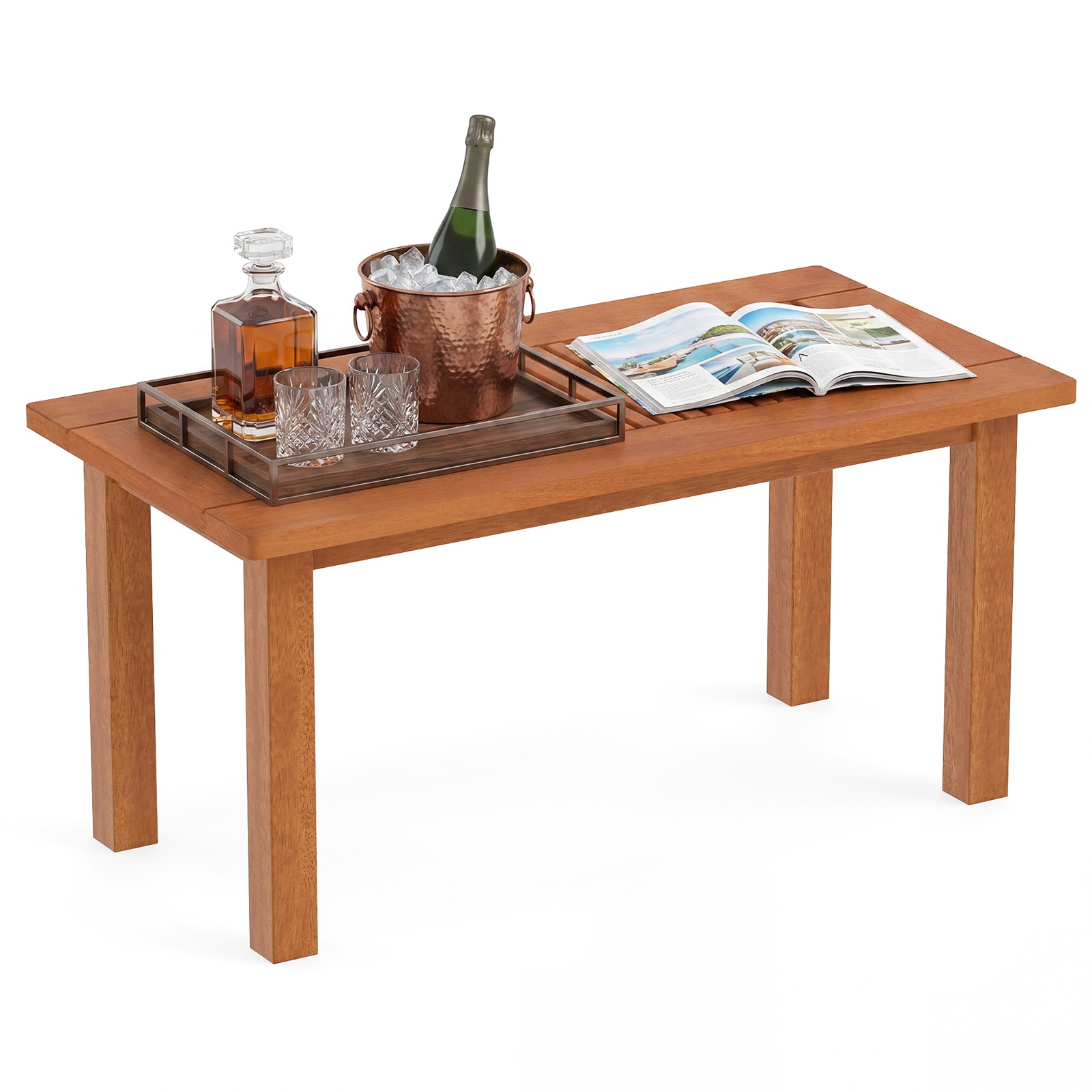 35.5 Inch Outdoor Coffee Table w/Slatted Top, Teak Oil Finish for Deck, Garden