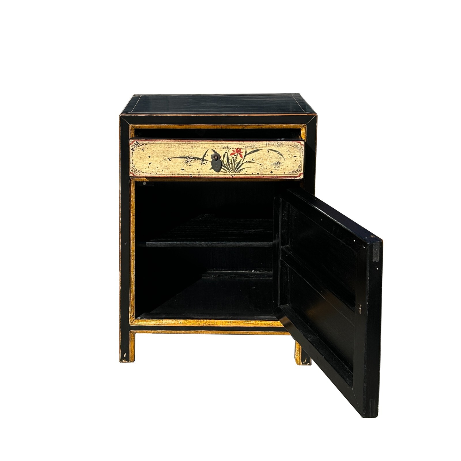 Oriental Beige Base Scenery Graphic Black Body End Table Nightstand ws4531