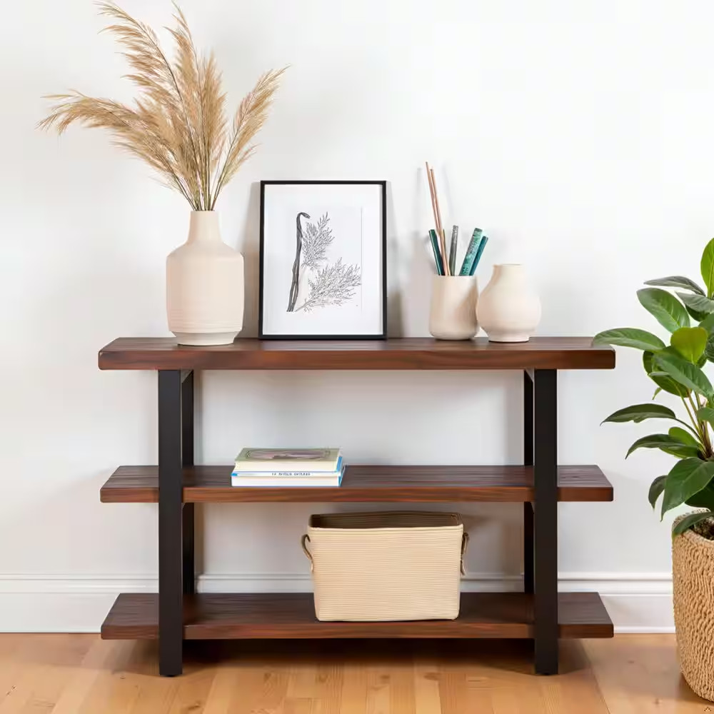 Pomona 48 In. Rustic Natural/Black Standard Rectangle Wood Console Table with St