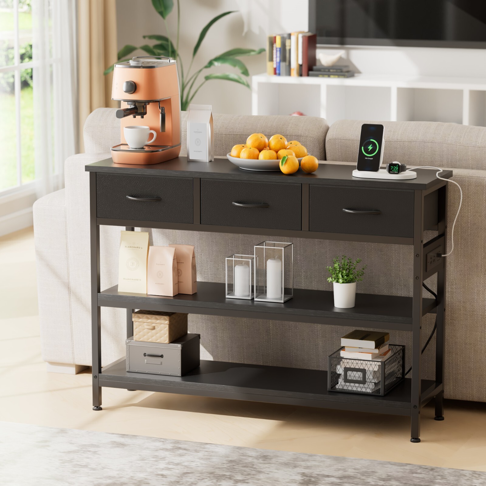 43.3″ Console Table with Power Outlets 3 Drawers 2 Shelves Sofa Table Black