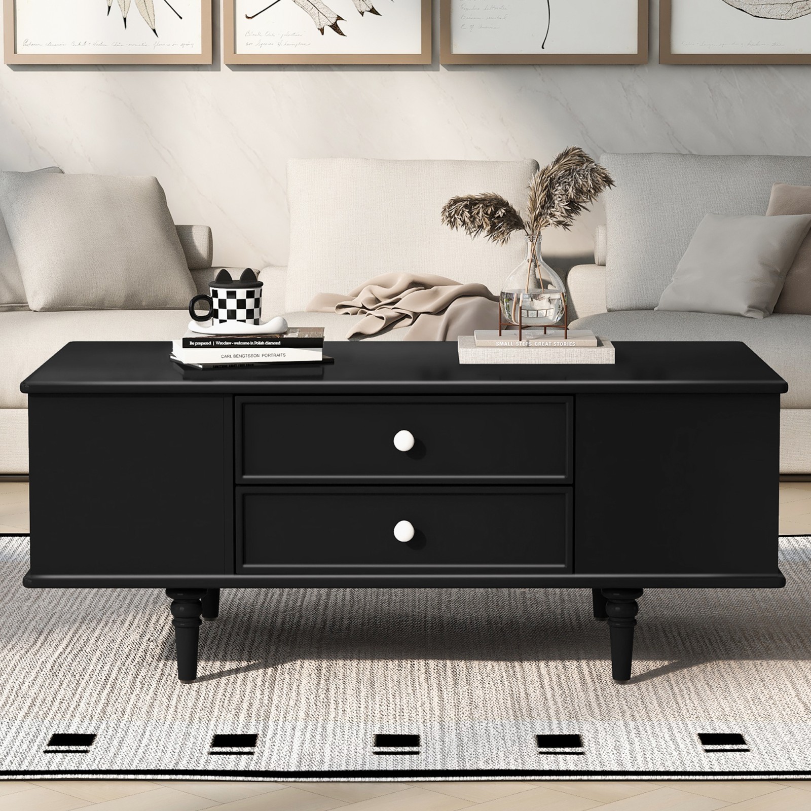 Modern Rectangle Coffee Table Center Table With Storage Drawers Solid Wood Legs