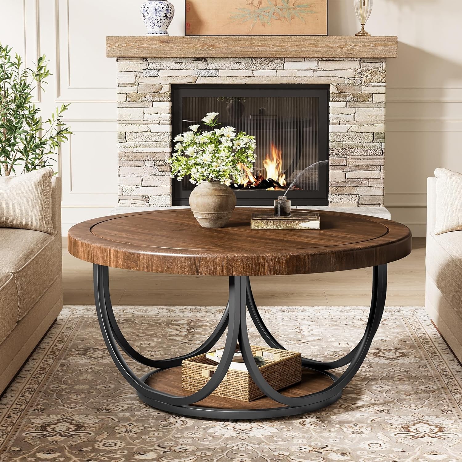 31.5” Round Coffee Table Wooden Circle Accent Cocktail Table with Storage Shelf