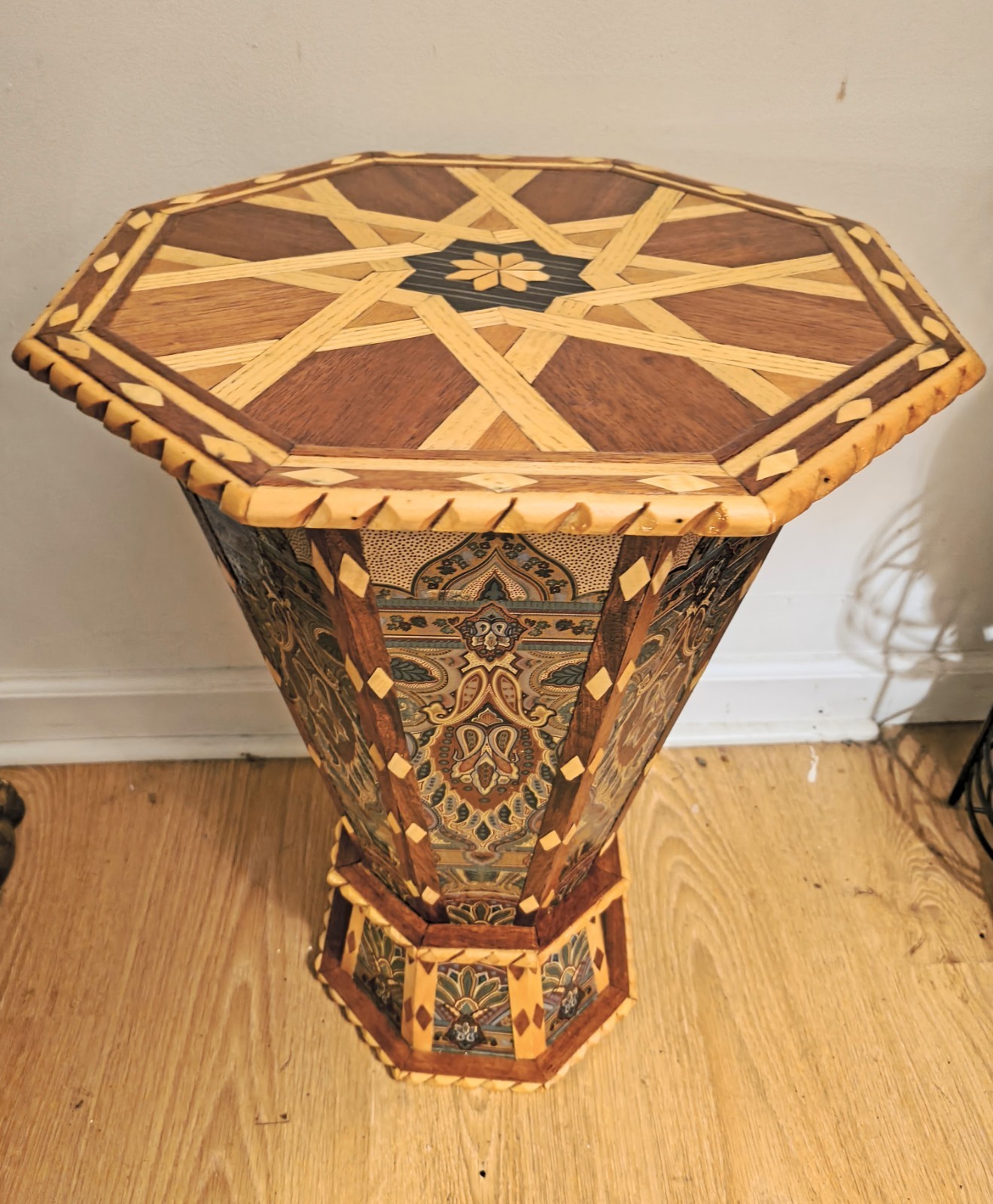 Unique Moroccan Wood Side Table – Hand-Carved Artisan Geometric Design 23″x17″