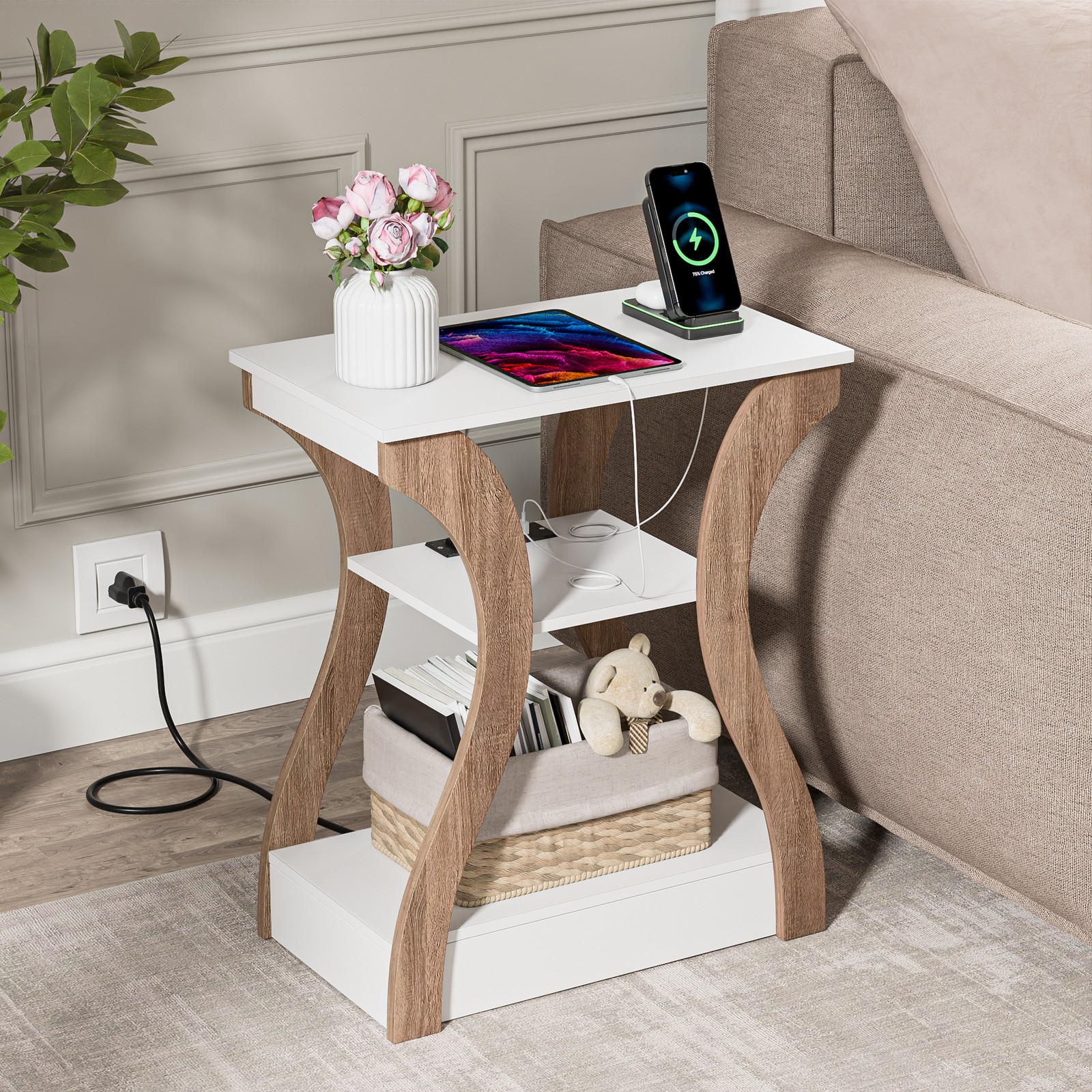 3 Tier End Table w/ USB Charging Station White Storage Shelf for Living Room 2X