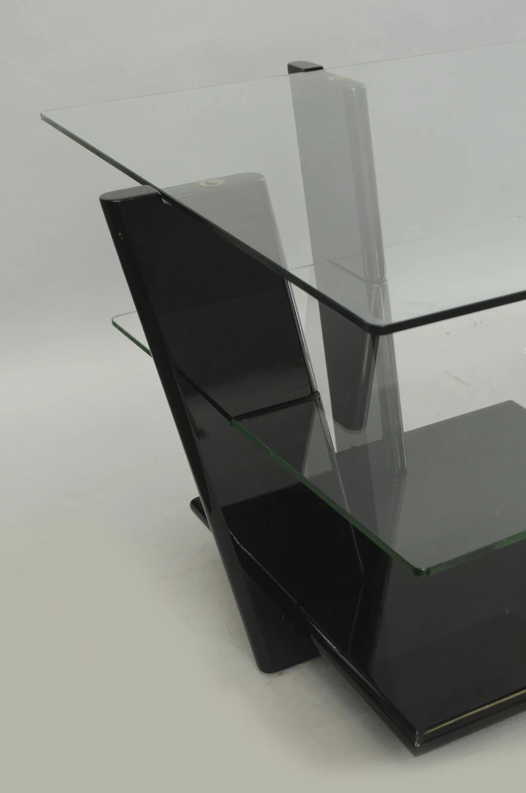 Contemporary Modern Black Lacquer & Glass 3 Tier Space Age End Tables – a Pair