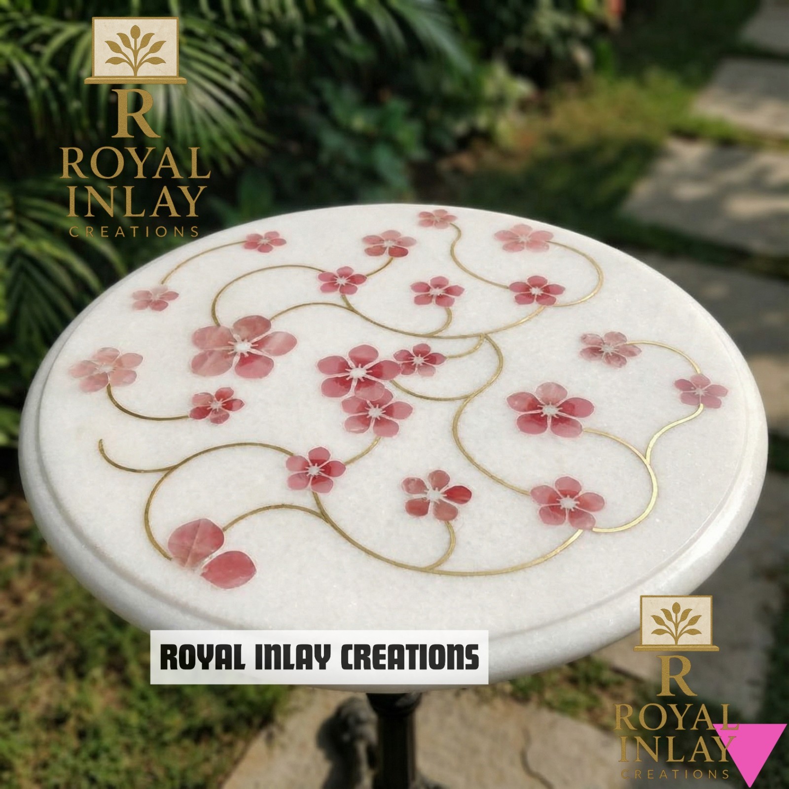 Hand-Inlaid Marble Tabletop with Pink Floral Design 21″