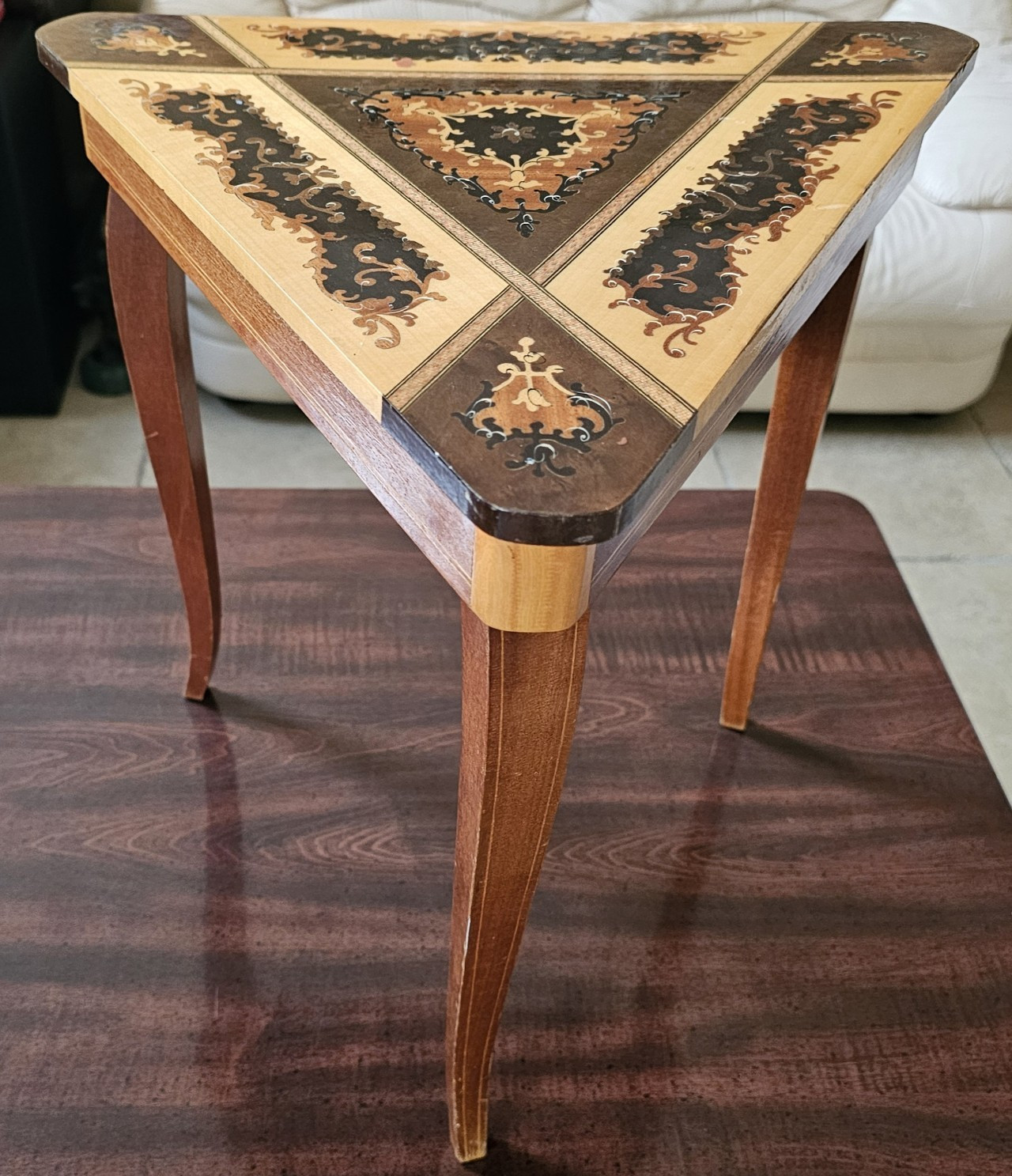 Rare Vintage Triangular Wood Table Floral Inlay Top w/ (2) WORKING Music Boxes