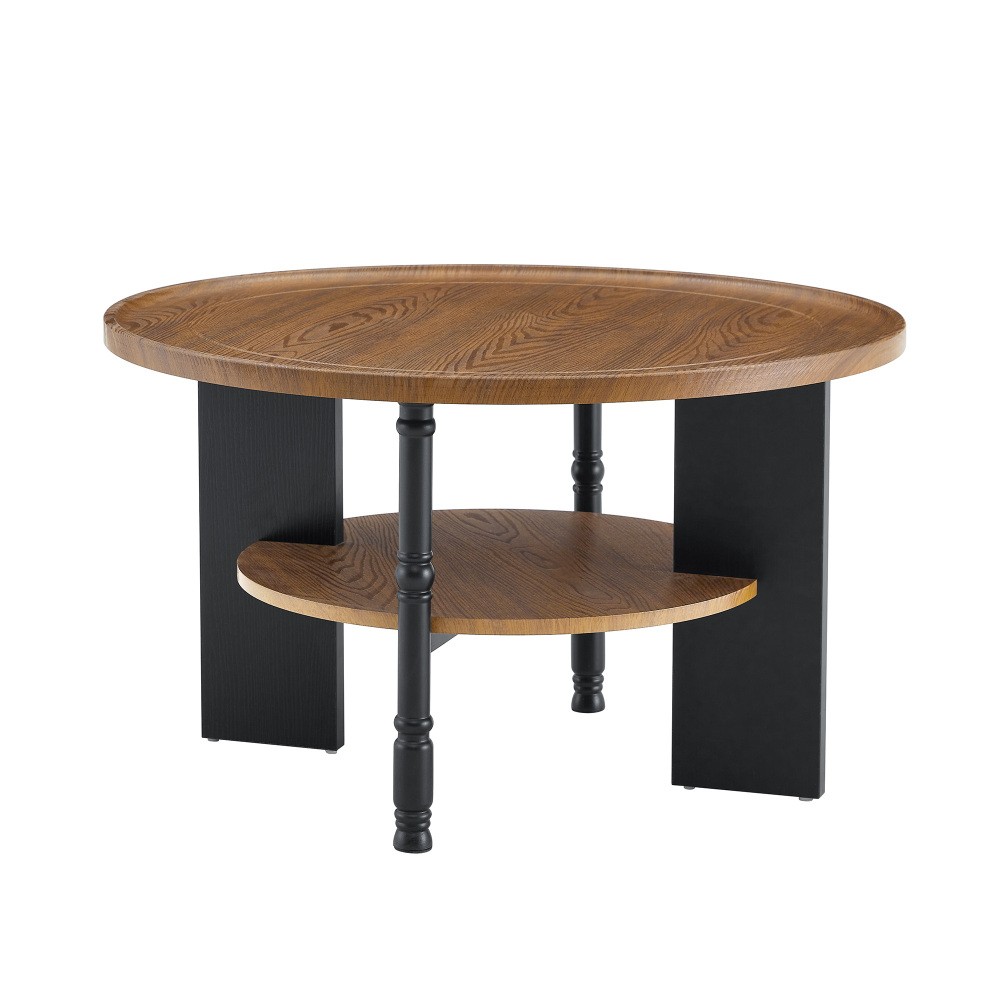 Round Coffee Table Side Table 2 Piece Set with Storage Shelf PVC Surface MDF