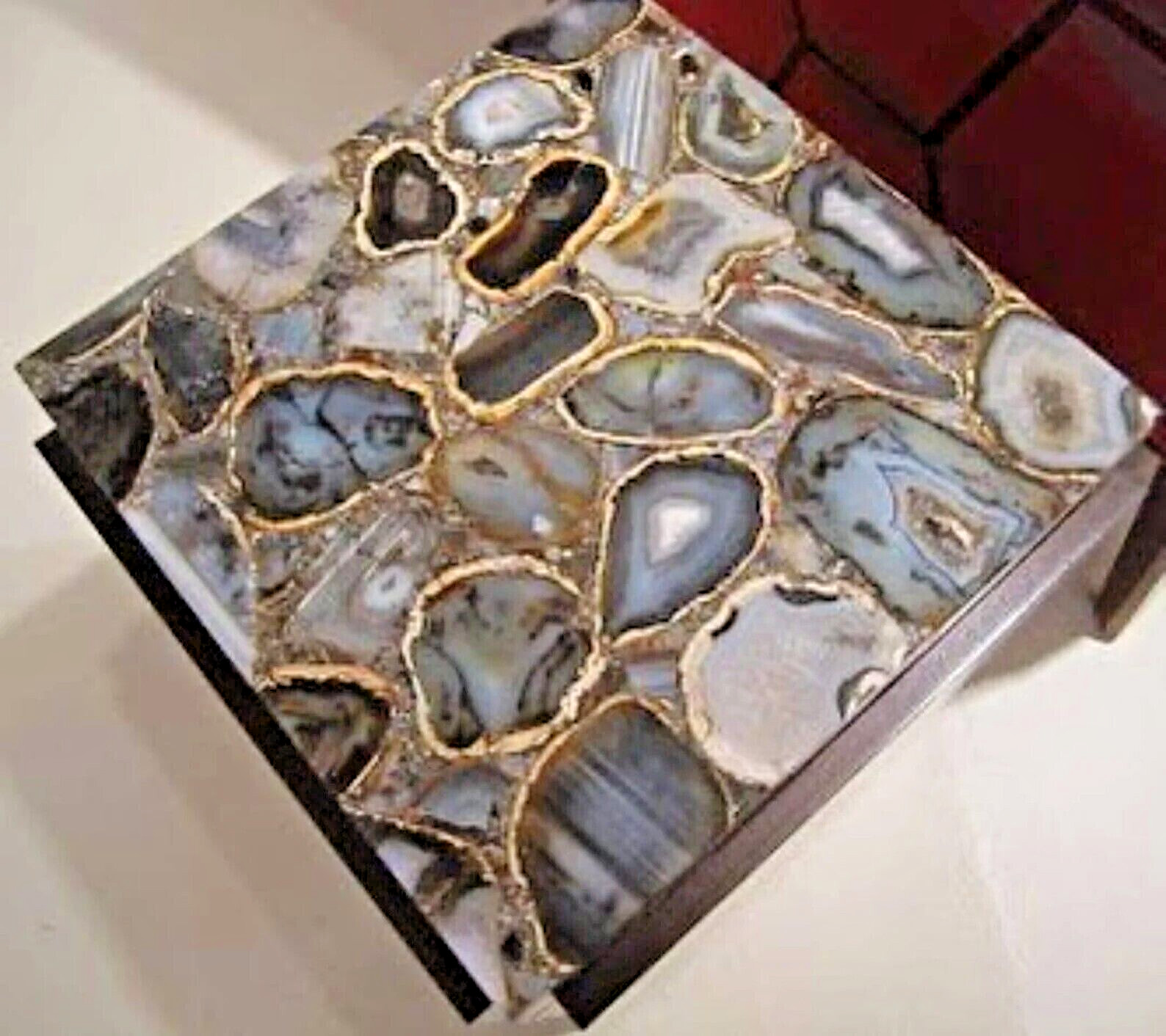 15″ Brown Agate Square Side Tabletop for Living Room Decorative Home Furniture