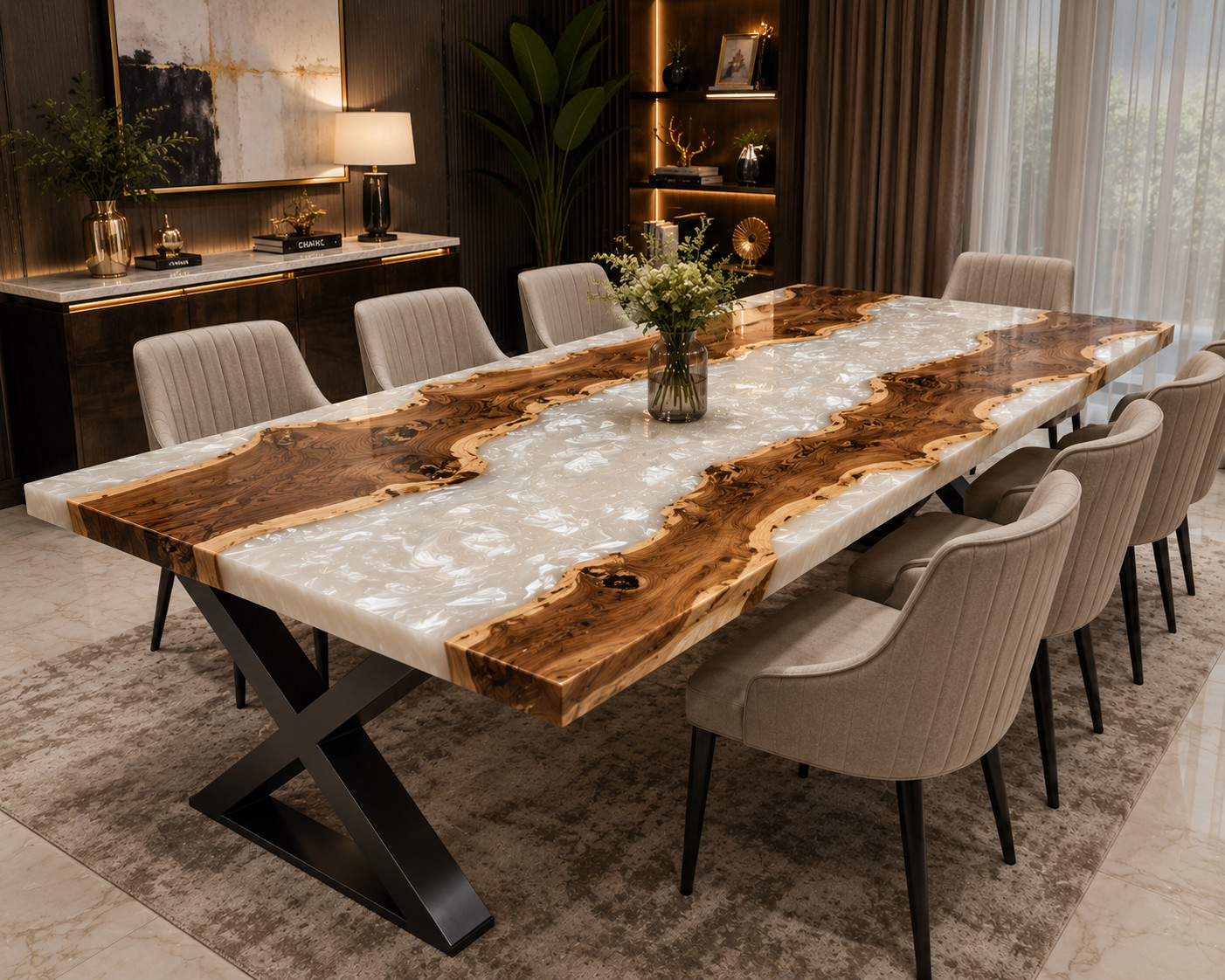 Luxury Live Edge Epoxy Resin Dining TableOlive Burl Wood Custom Conference 12X24