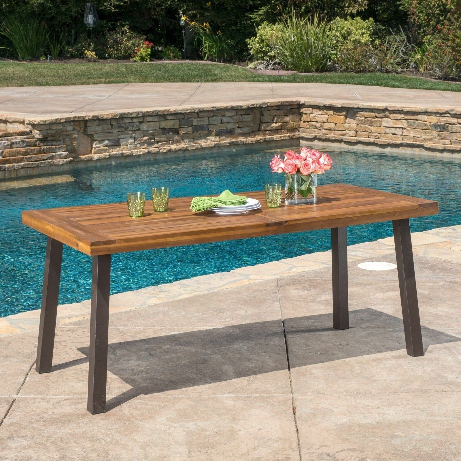 Indoor & Outdoor Modern Spanish Bay Acacia Wood Dining Table, Teak Finish