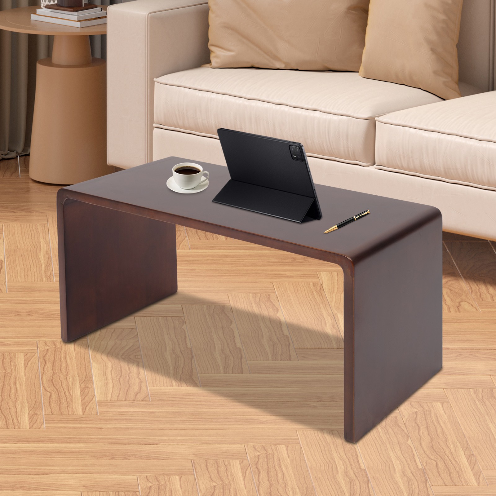 12*12*24in Free Standing Wood End Table C Shaped Sofa Side Table Walnut Brown