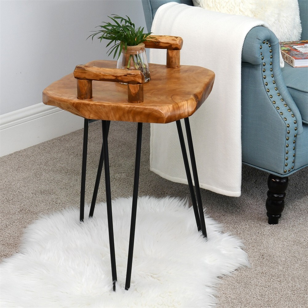 GREENAGE Cedar Service Tray Table, Natural Edge End Table 15″ x 15″ x 23.5″ High