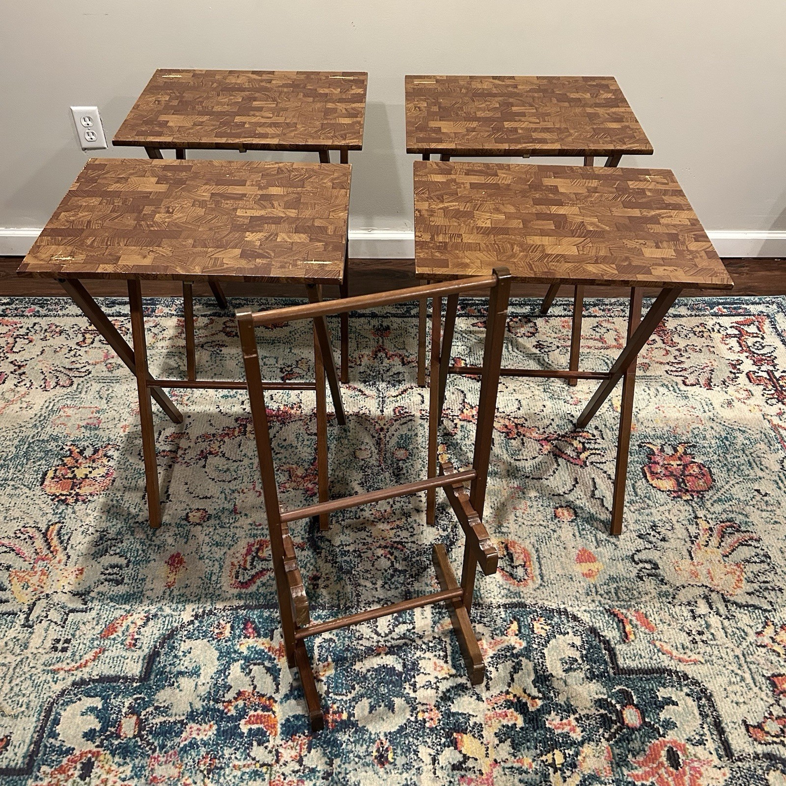 Vintage Faux Butcher Block TV Tray Set of 4 Retro Laminate Folding TV Tables
