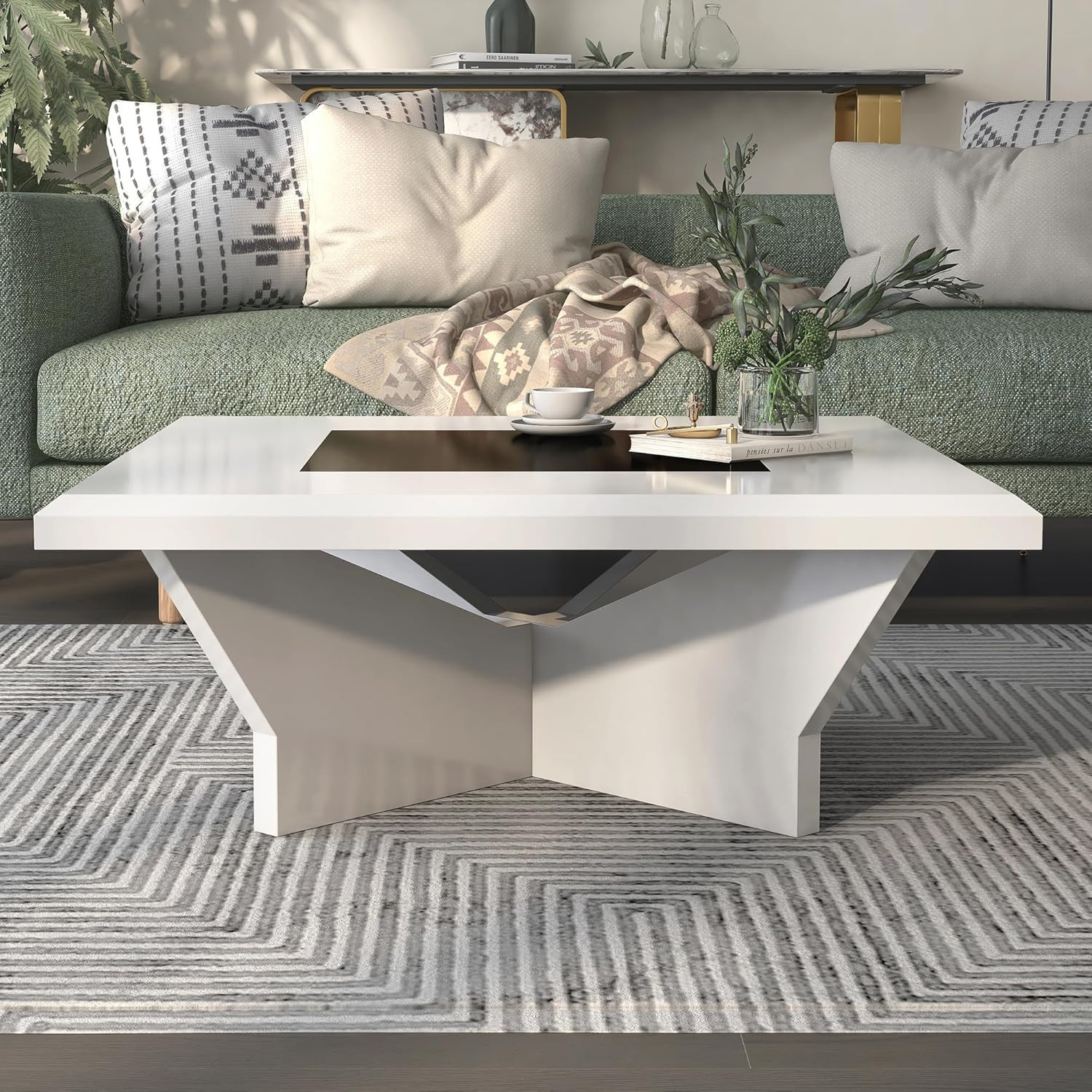 Alisha-Mae Modern White Coffee Table with Geometric Base for Any Room