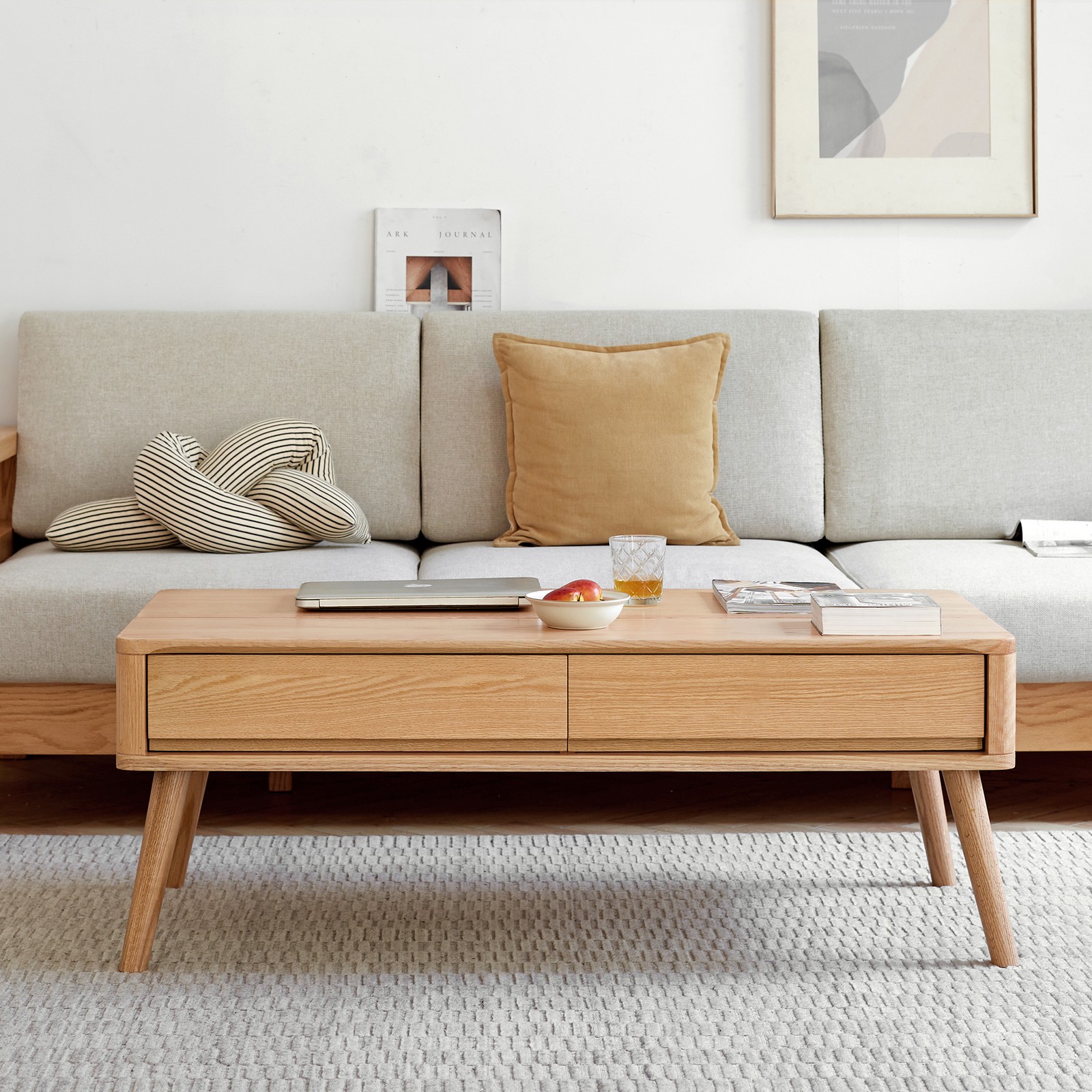 Lift-Top Coffee Table Solid Oak Wood Storage Shelf Natural Color