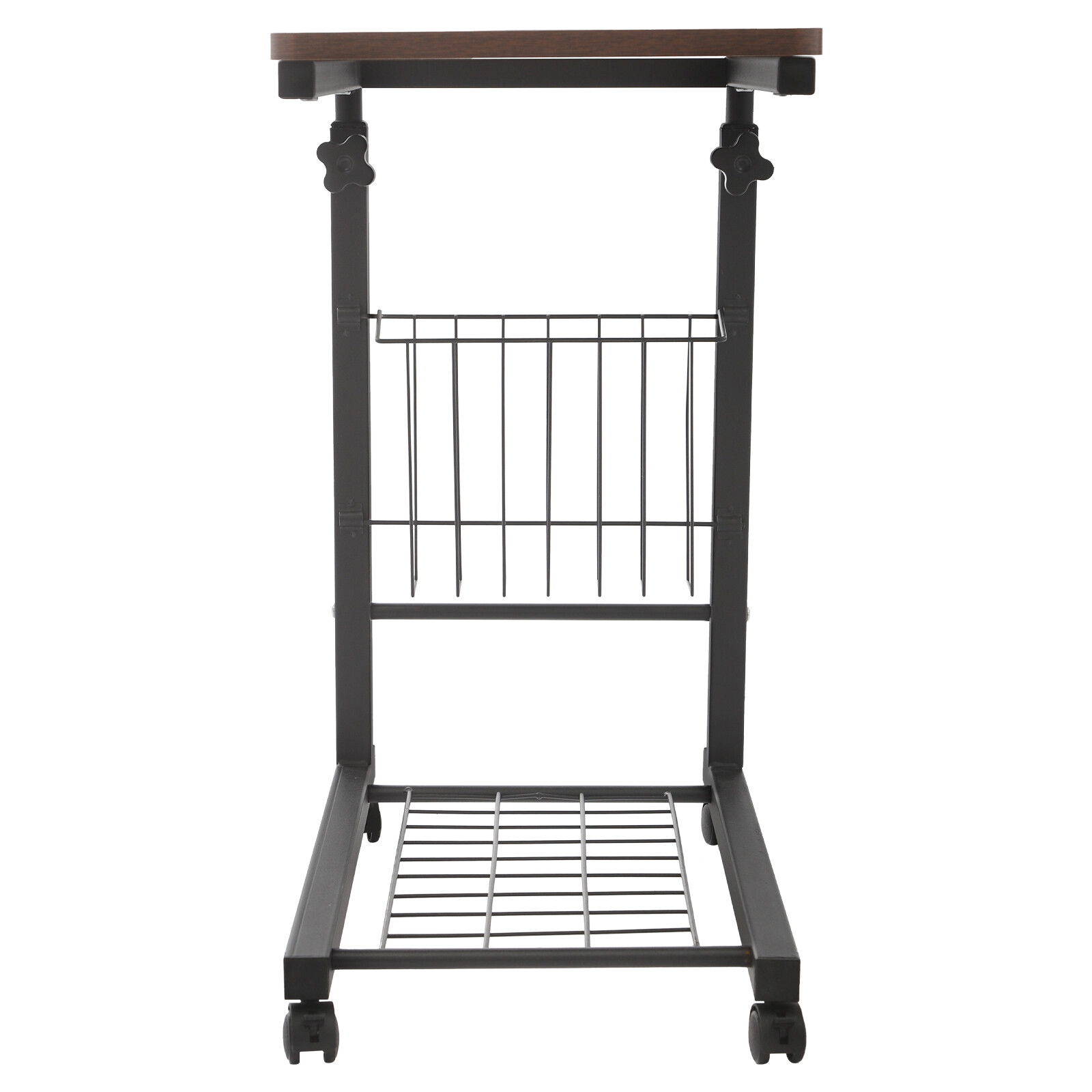 2 Tiers Red Walnut Color Mobile Standalone Adjustable Bed Side Table w/ Wheels