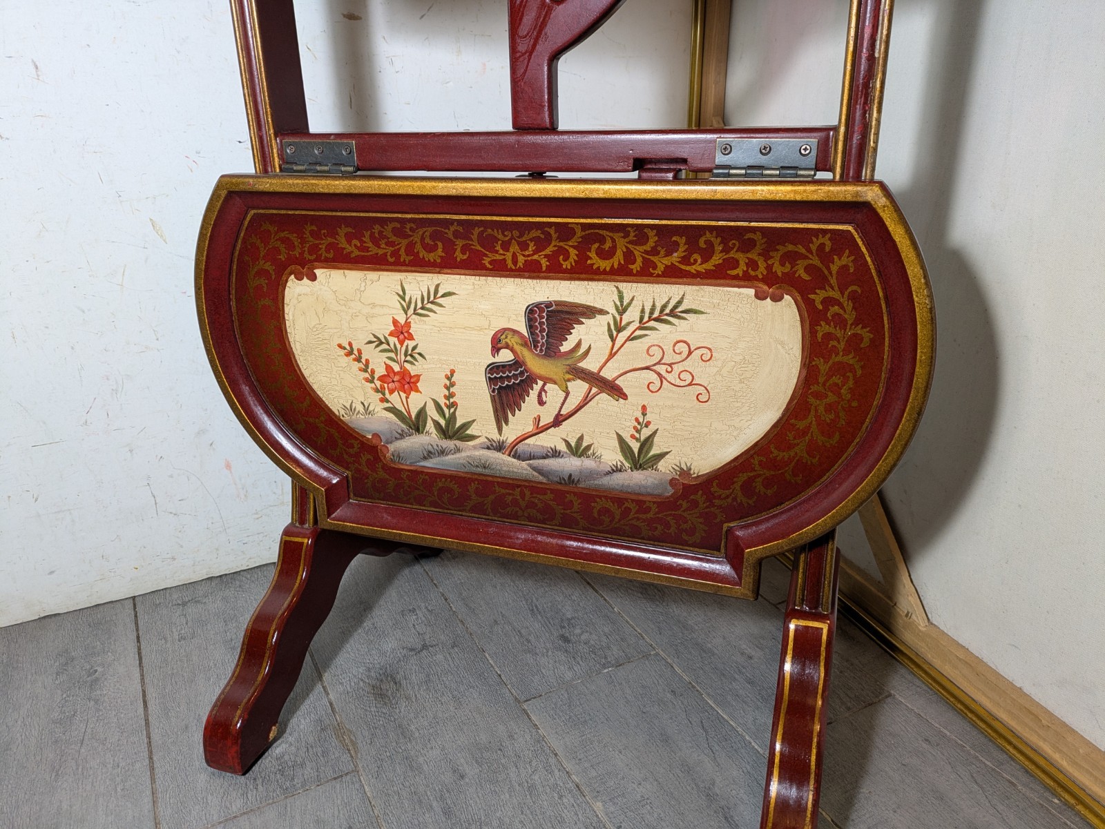 Vintage Asian Chinoiserie Folding Butler Tray Table Hand Painted Birds Red/Gold