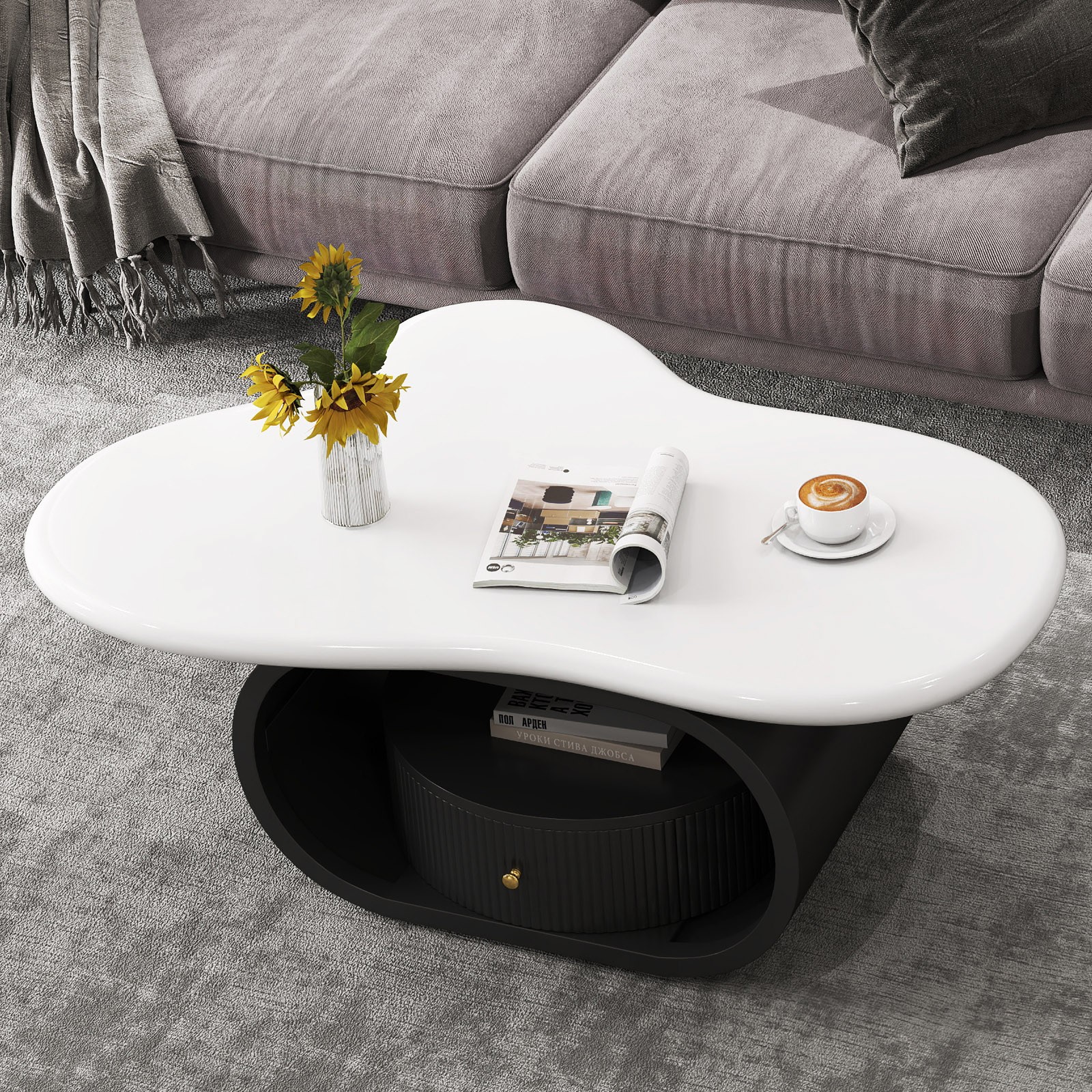 39″ Irregular Cloud Coffee Table MDF Metal Center Table with Drawer Home Office
