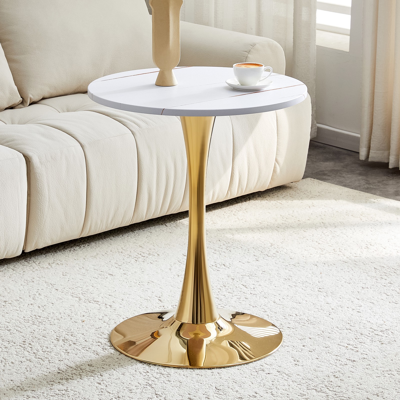 Round Tulip Dining Table 23.6″ White MDF Top Metal Pedestal Base