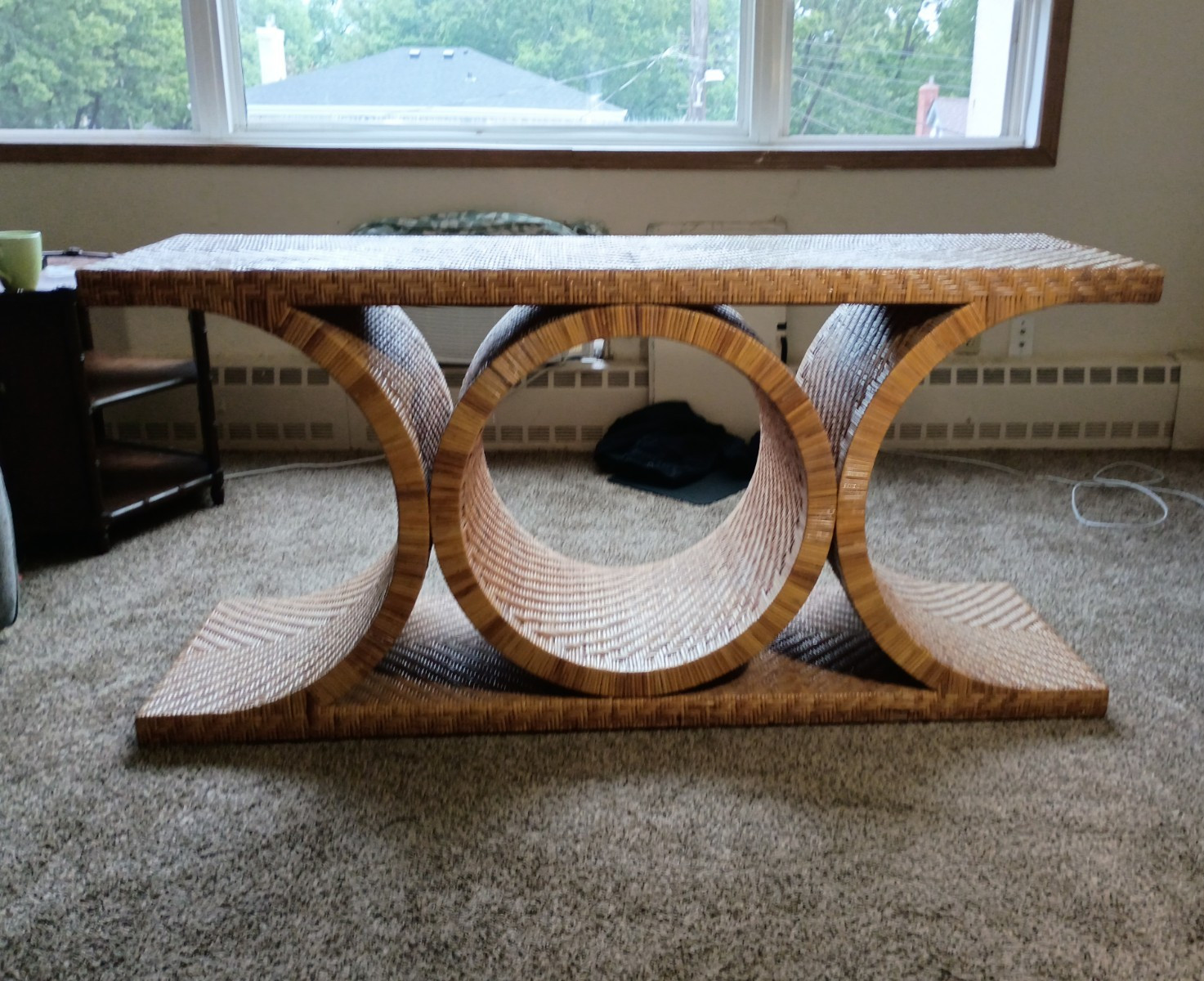 Brown Medium Wood Rectangular Coffee Table, Circular Base, Indoor Living Room