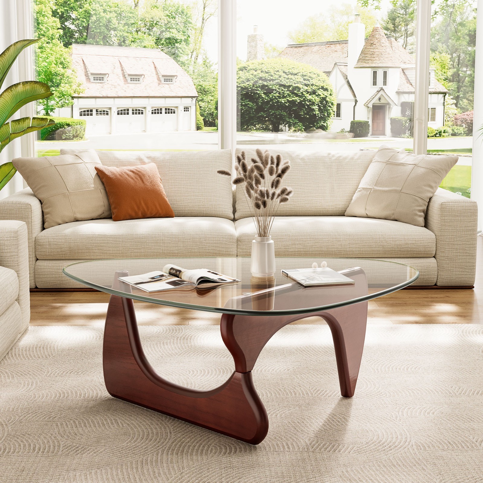 Open Box Noguchi Style Coffee Table in Walnut 8mm Triangle Glass Solid Wood Base